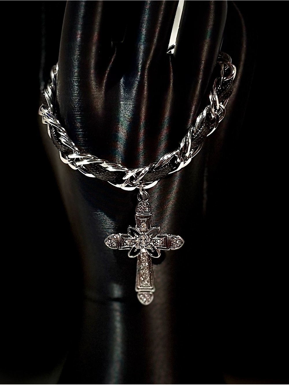 Silver Braided Chain Bracelet with Ornate Cross Charm